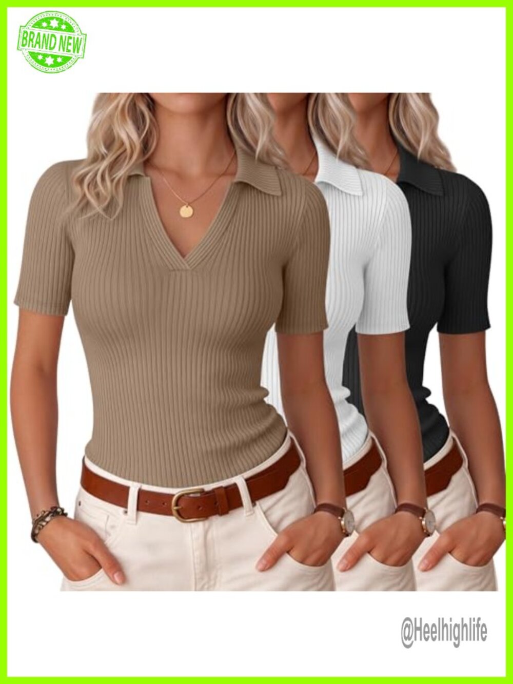 Ribbed Cotton V-Neck Polo Shirt 3 Pack Short Sleeve Collared Work Top